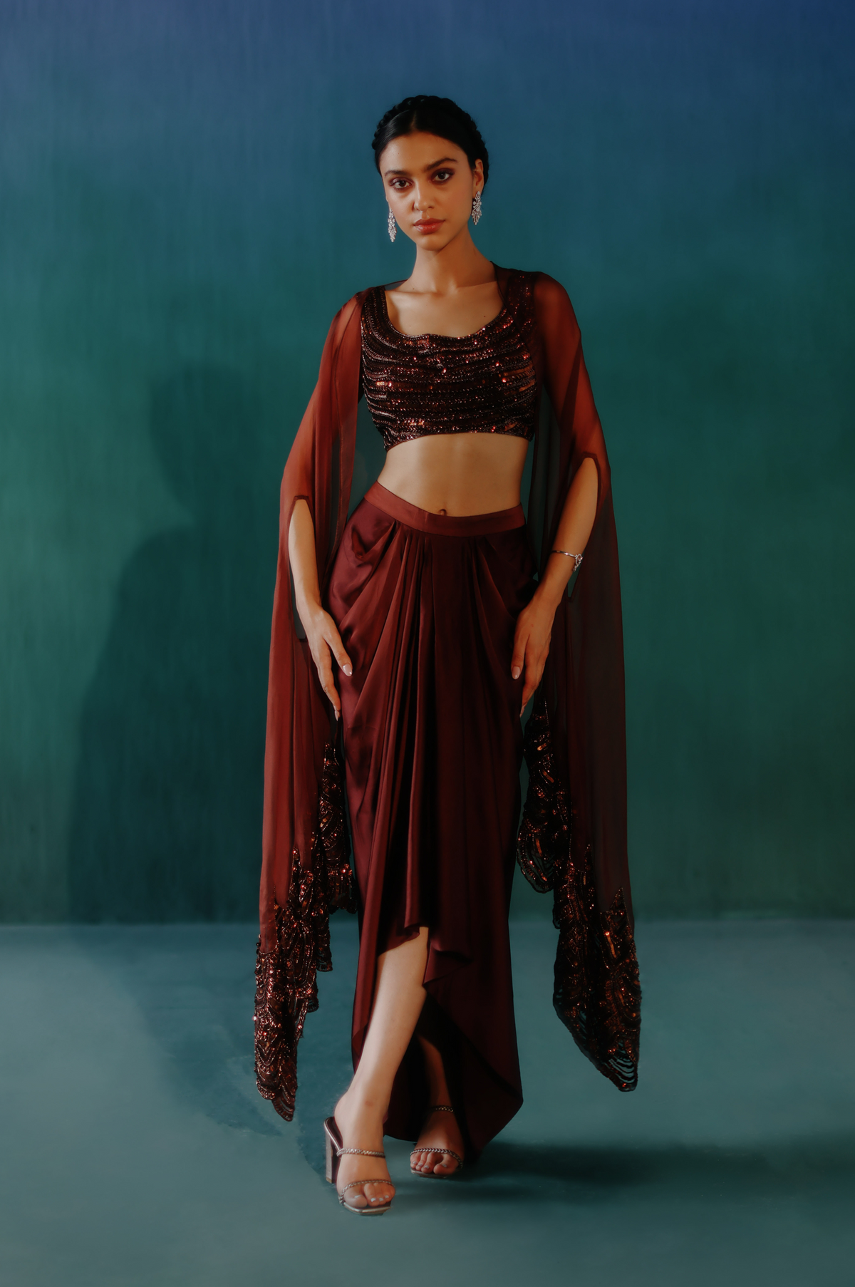 Mud Brown Dhoti Cape Set