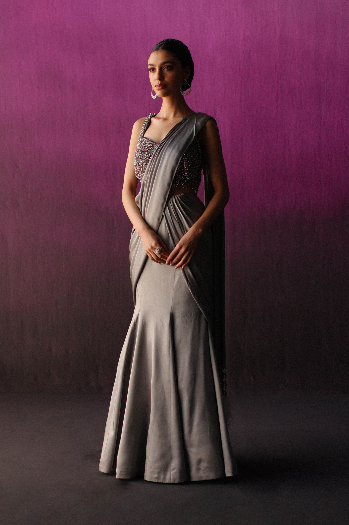 The Grey Scallop Crystal &amp; feather Drape Saree