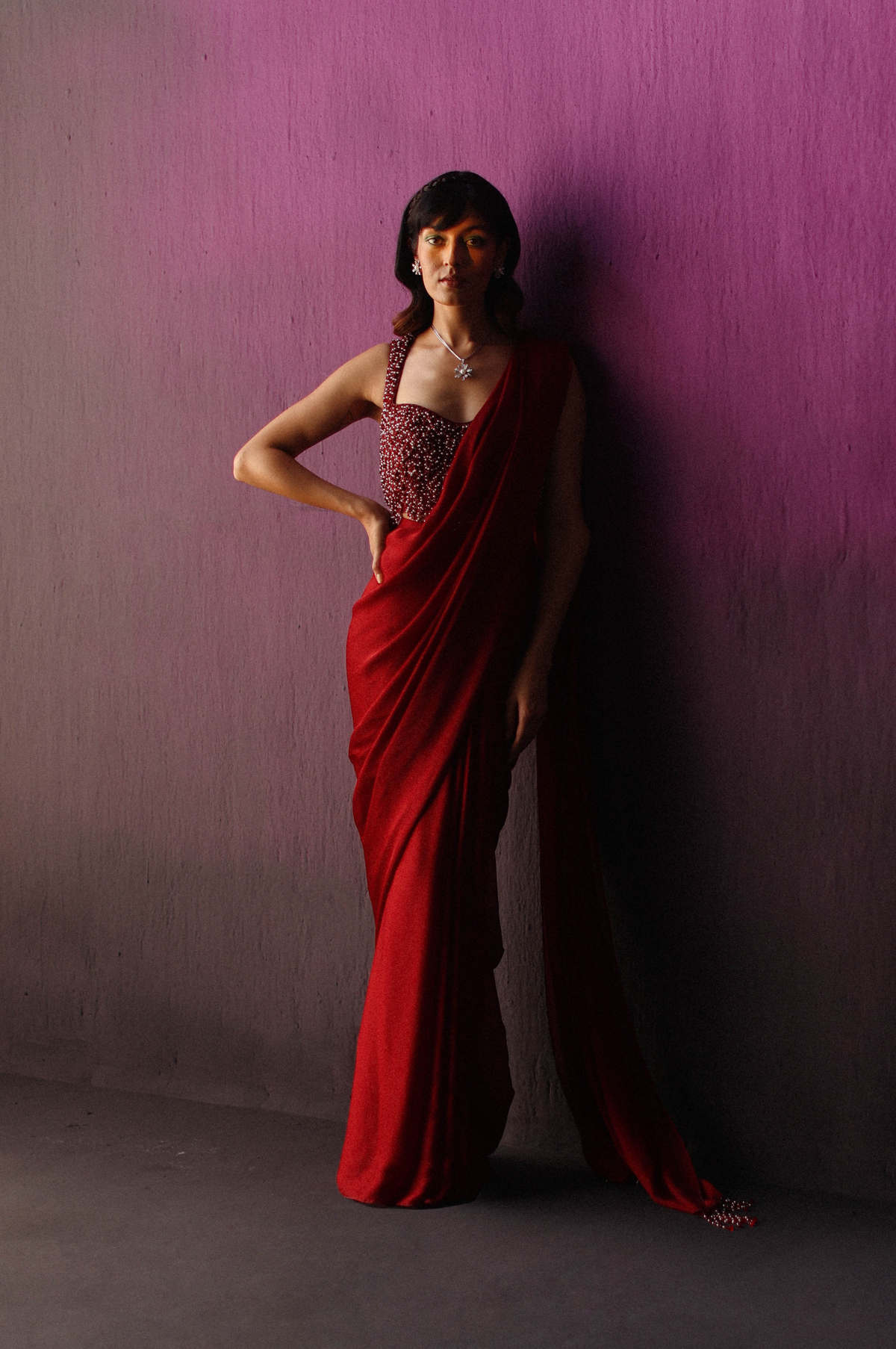 The Red Scallop Crystal Drape Saree