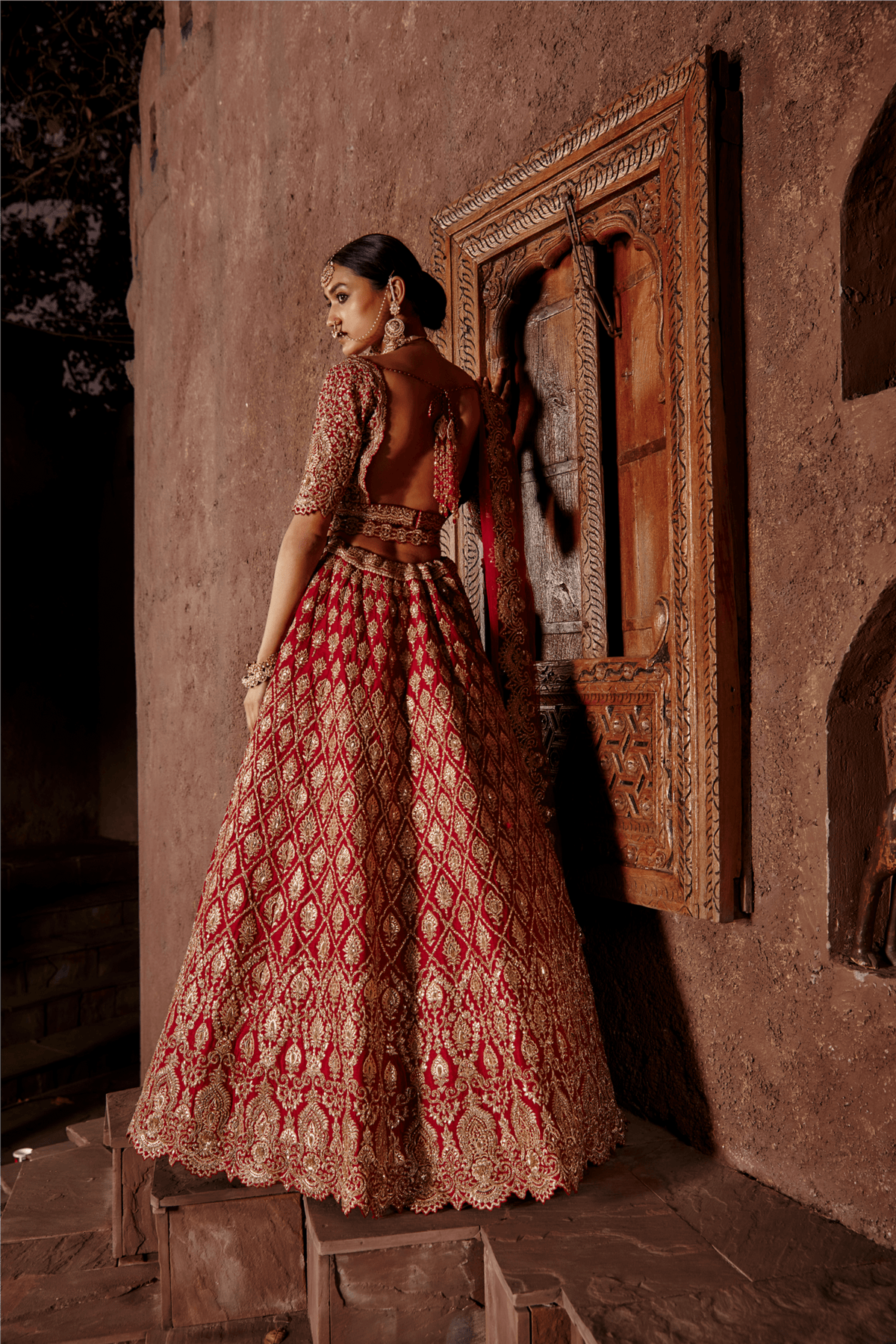 Red Raw Silk Lehenga Set Leather Applique