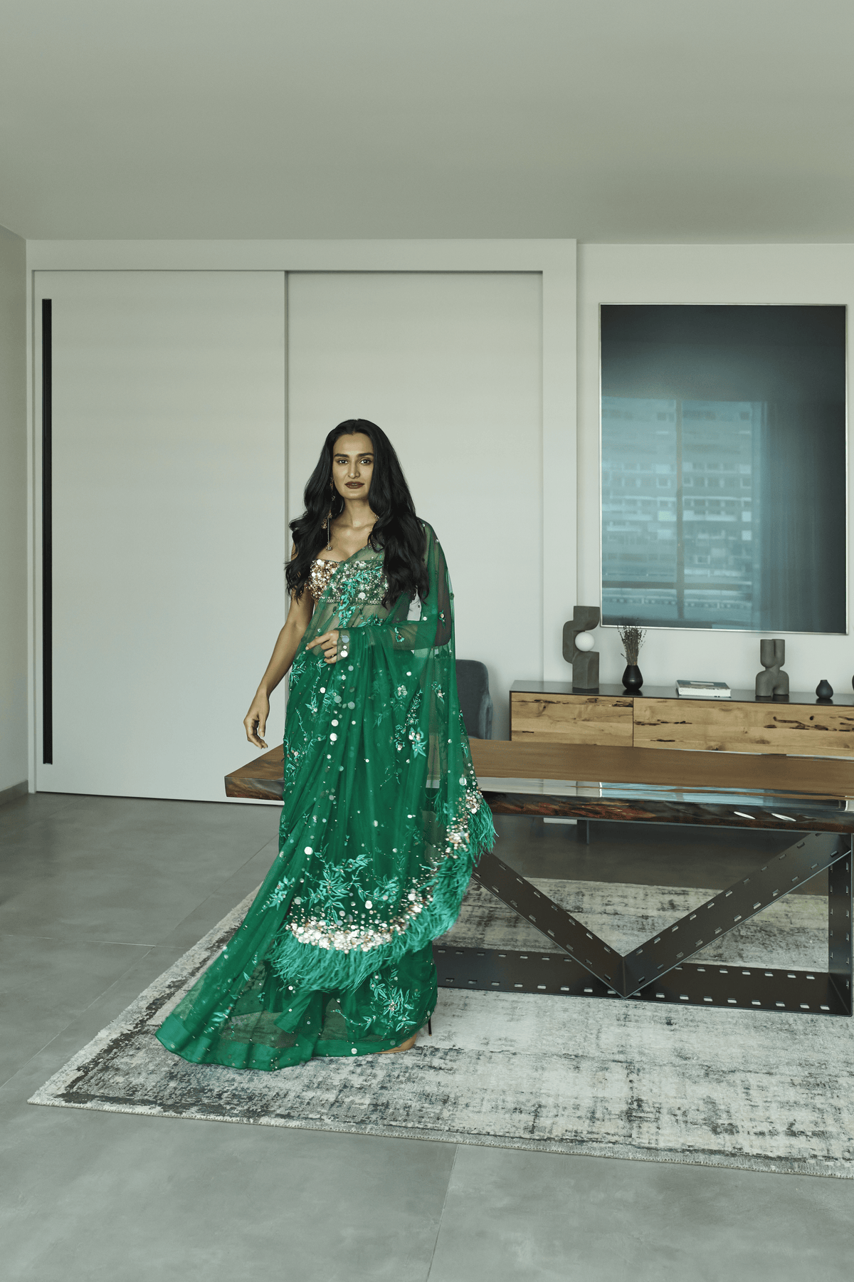 Green Net Saree With Petticoat
