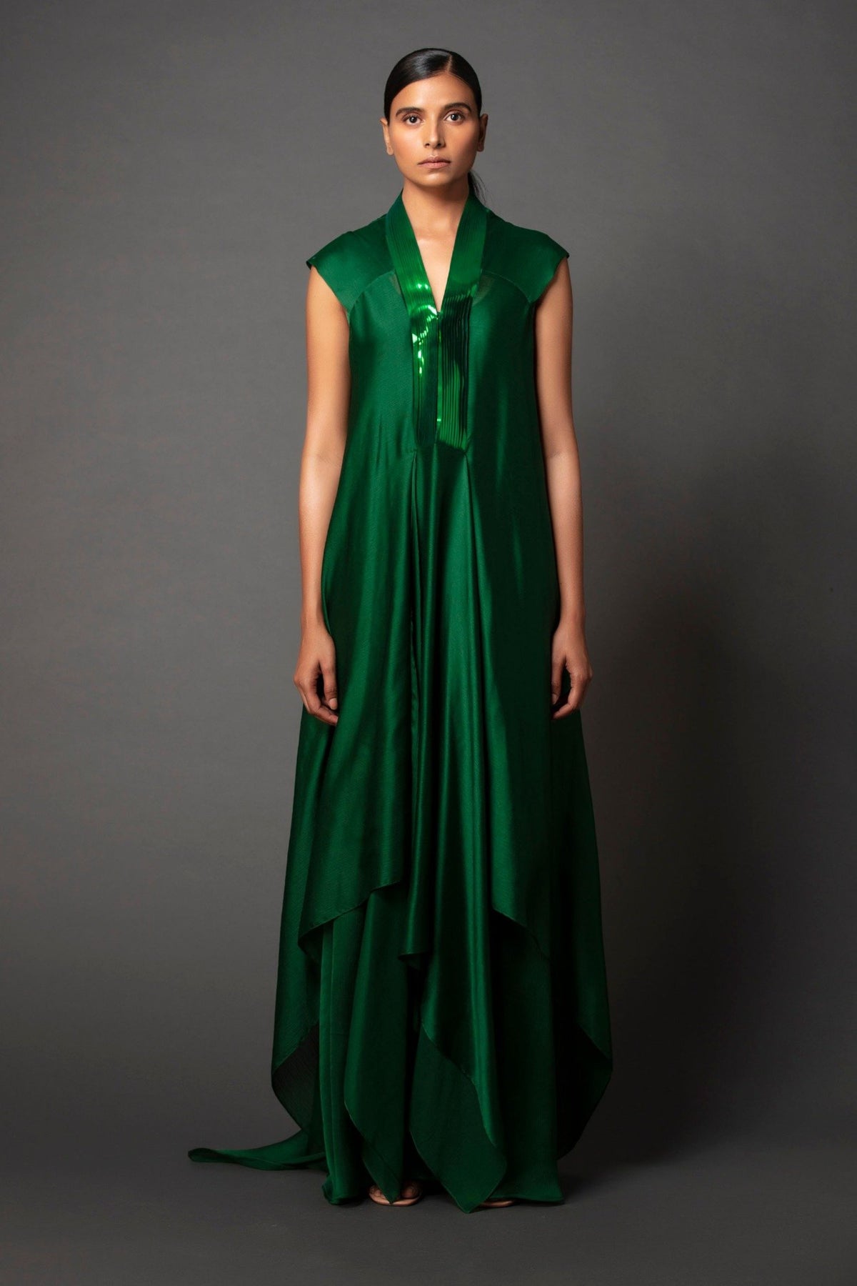 Metallic draped dress in green