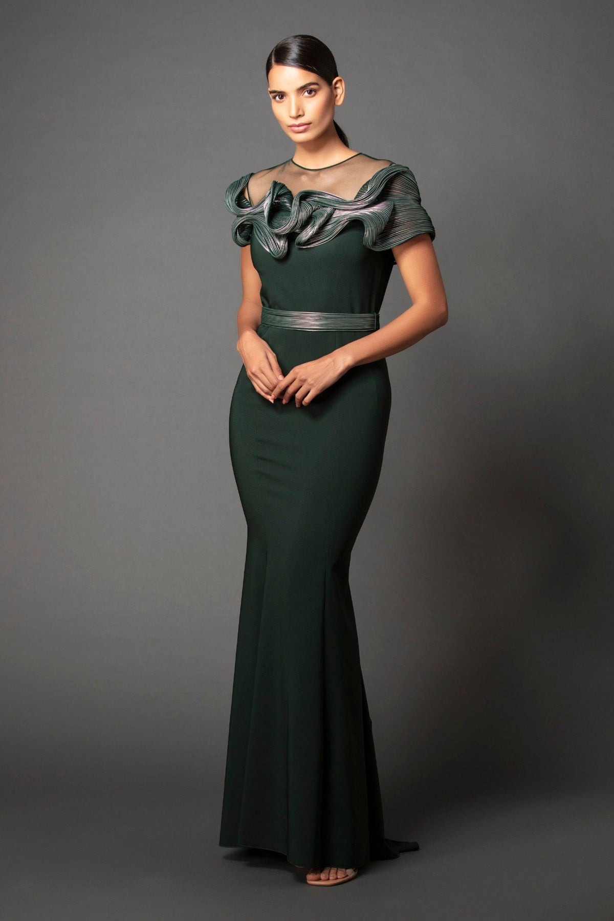 Green corded fitted dress