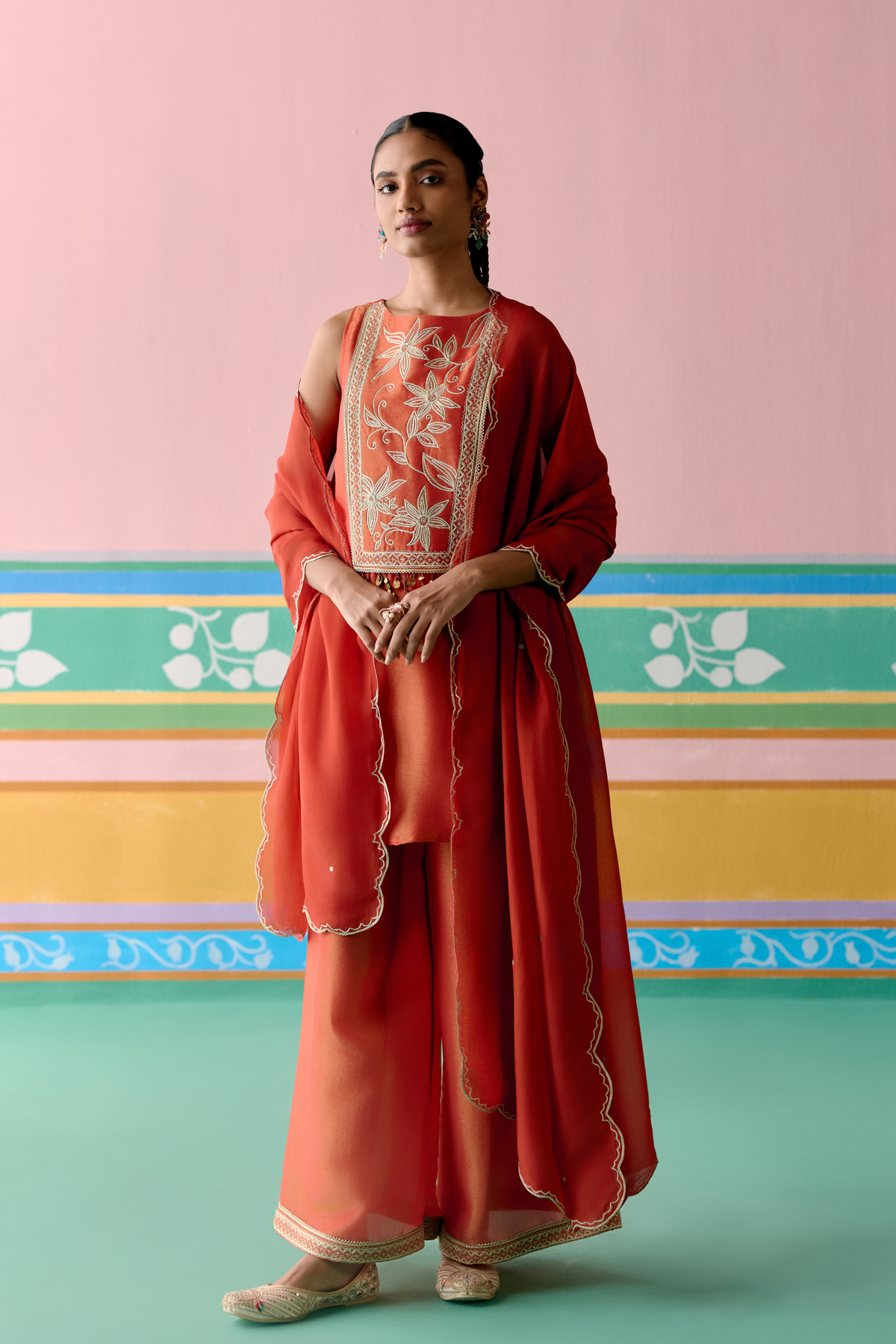 Rust Embroidered Sleeveless Tunic Set