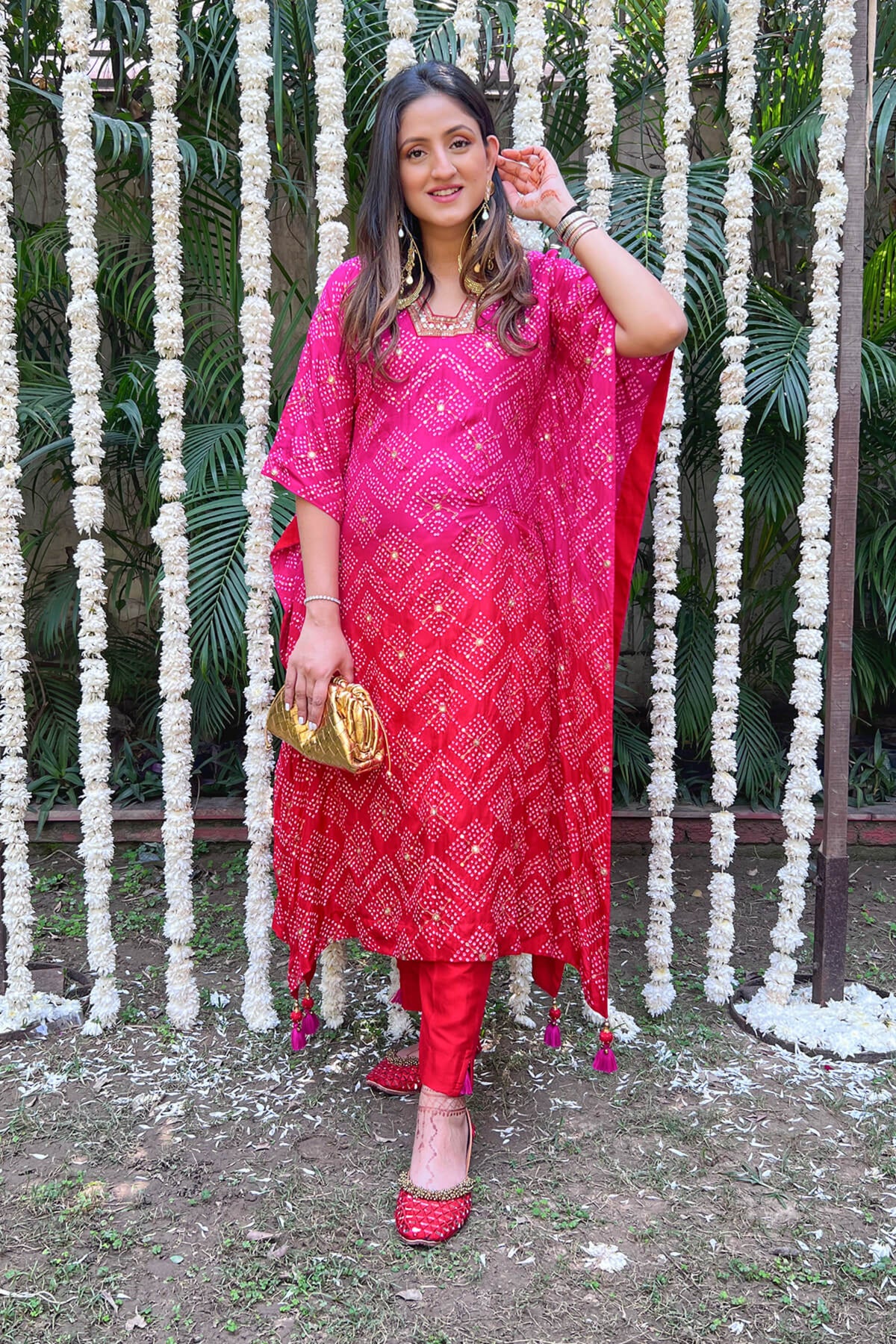 Pink red ombré bandhani kaftan