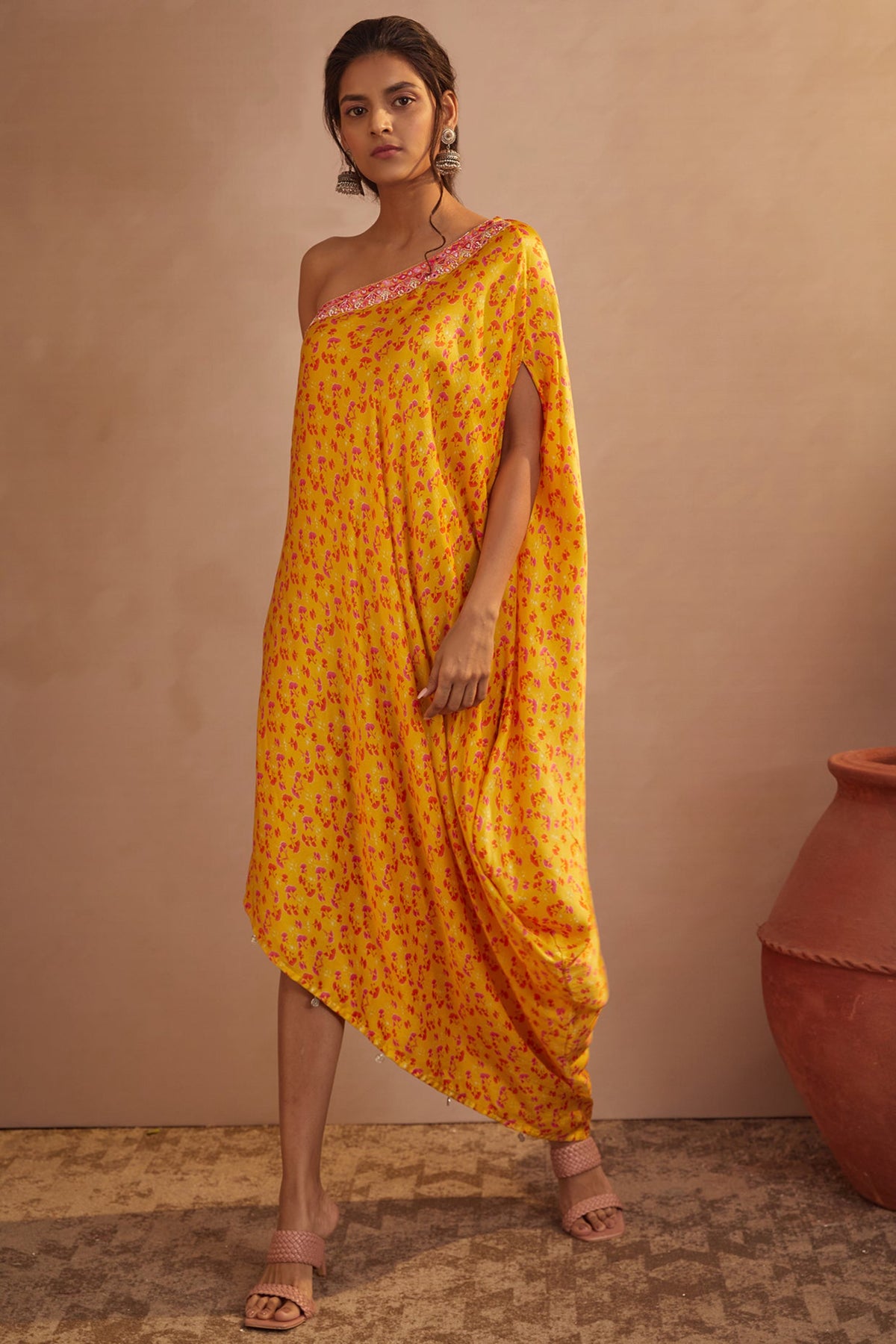 Yellow twig one shoulder dress