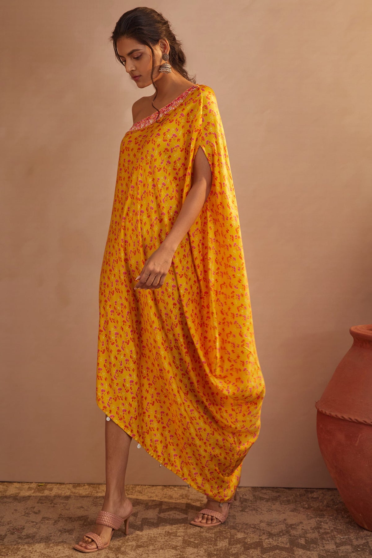Yellow twig one shoulder dress