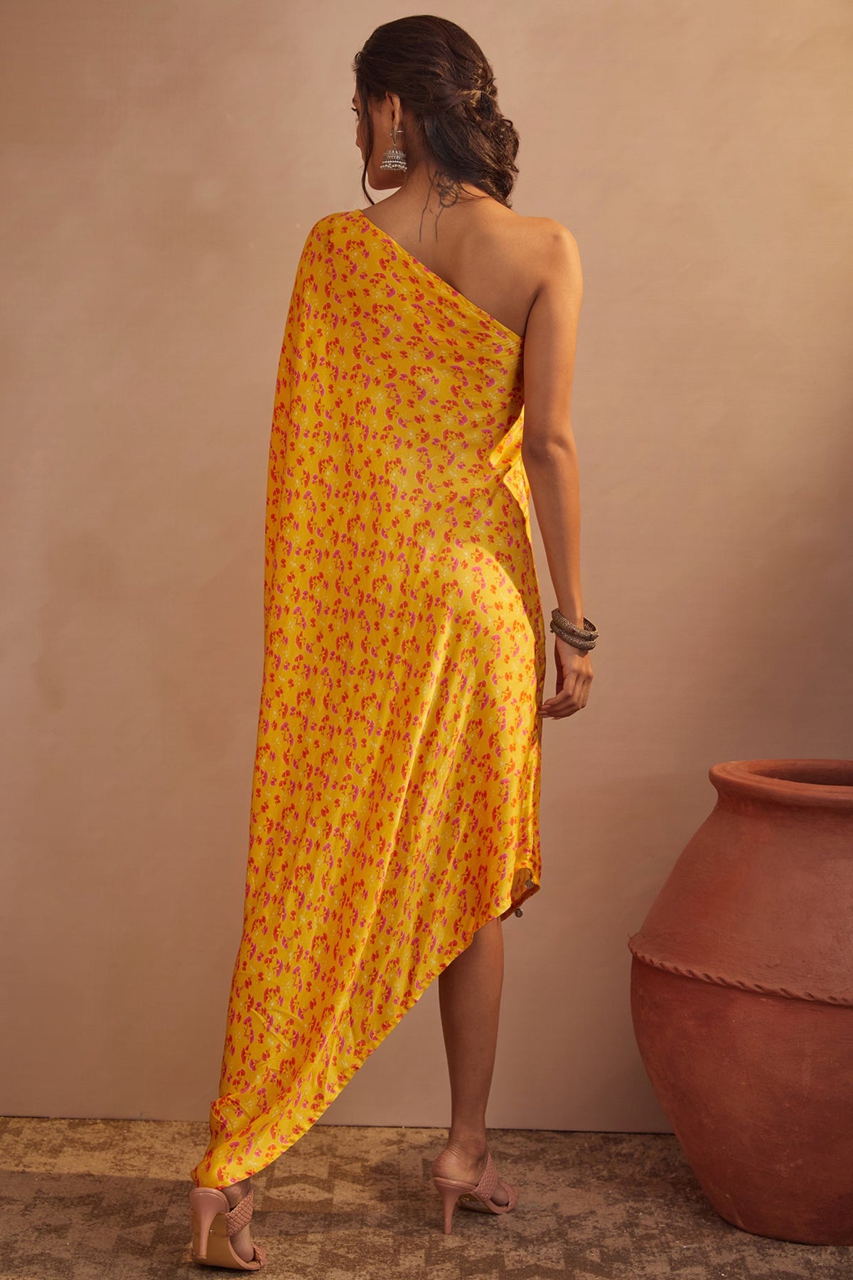 Yellow twig one shoulder dress