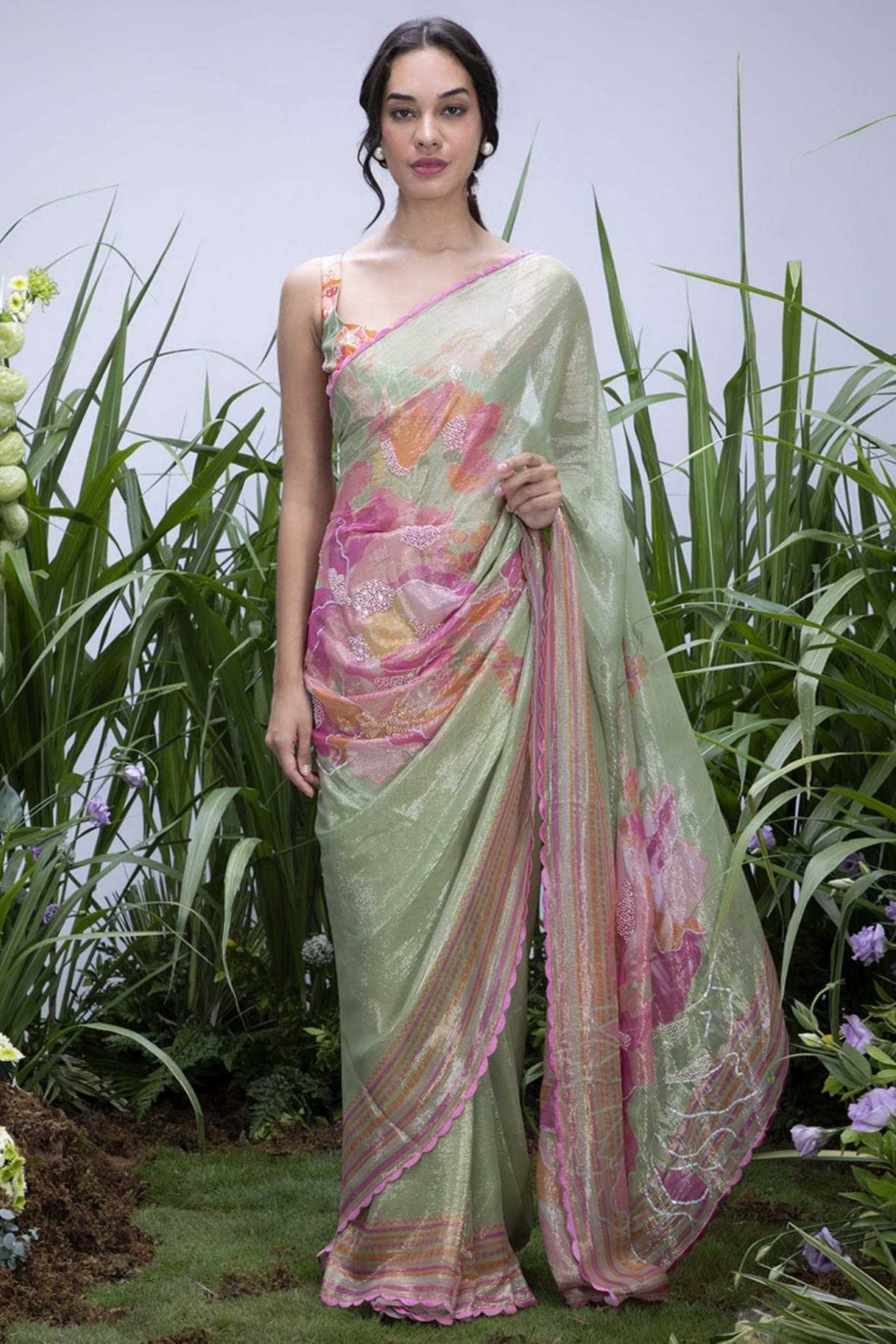 Wildflower Green Shimmer Saree