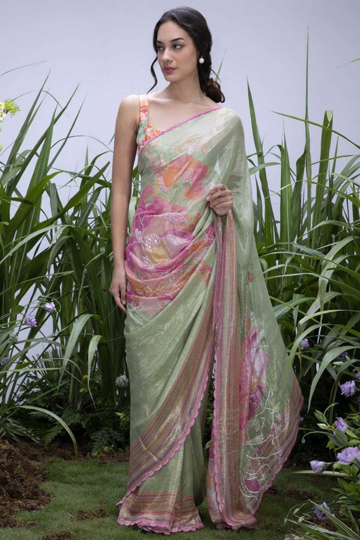 Wildflower Green Shimmer Saree