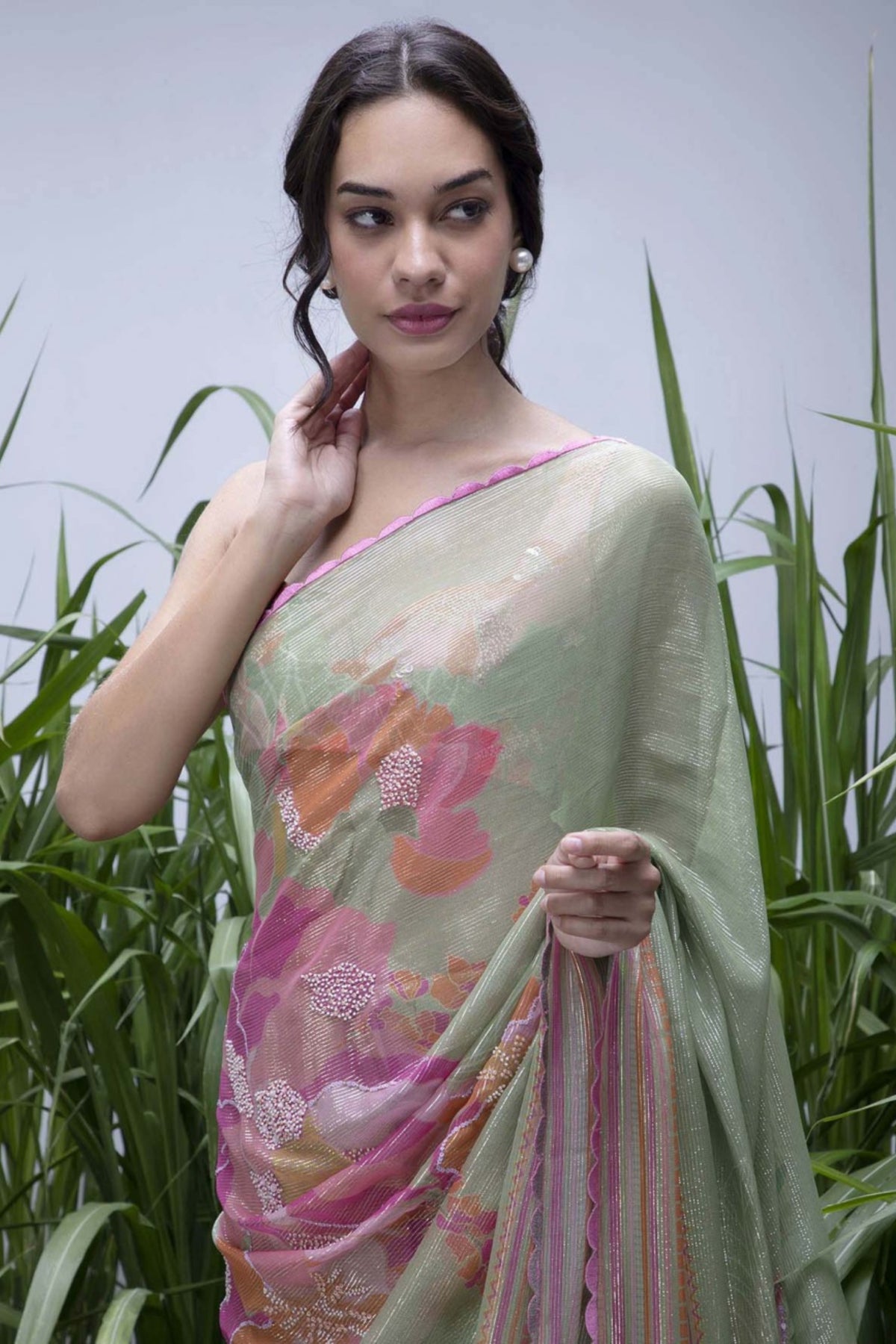 Wildflower Green Shimmer Saree