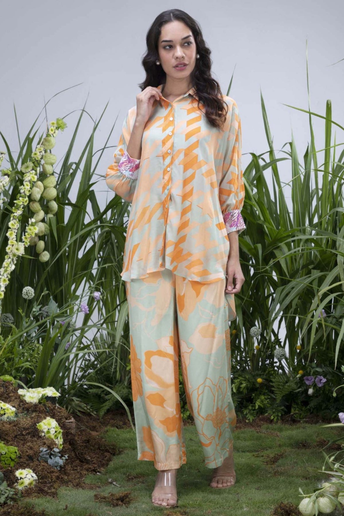 Green Asymmetric Wildflower Shirt Set