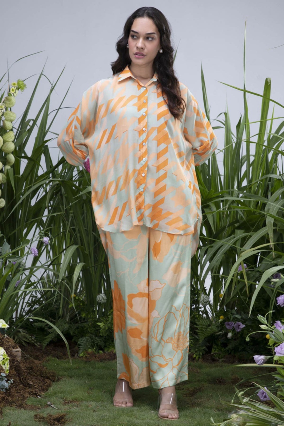 Green Asymmetric Wildflower Shirt Set