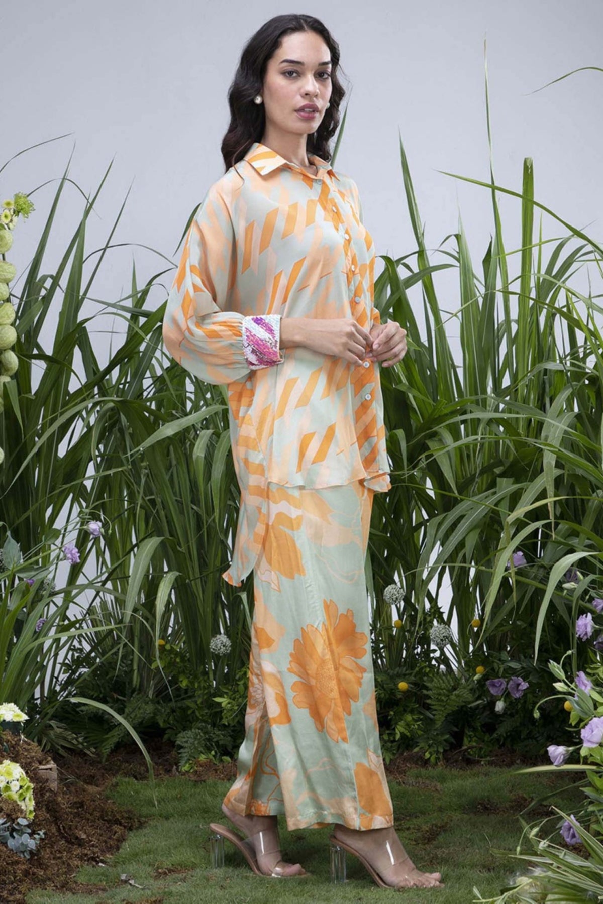 Green Asymmetric Wildflower Shirt Set