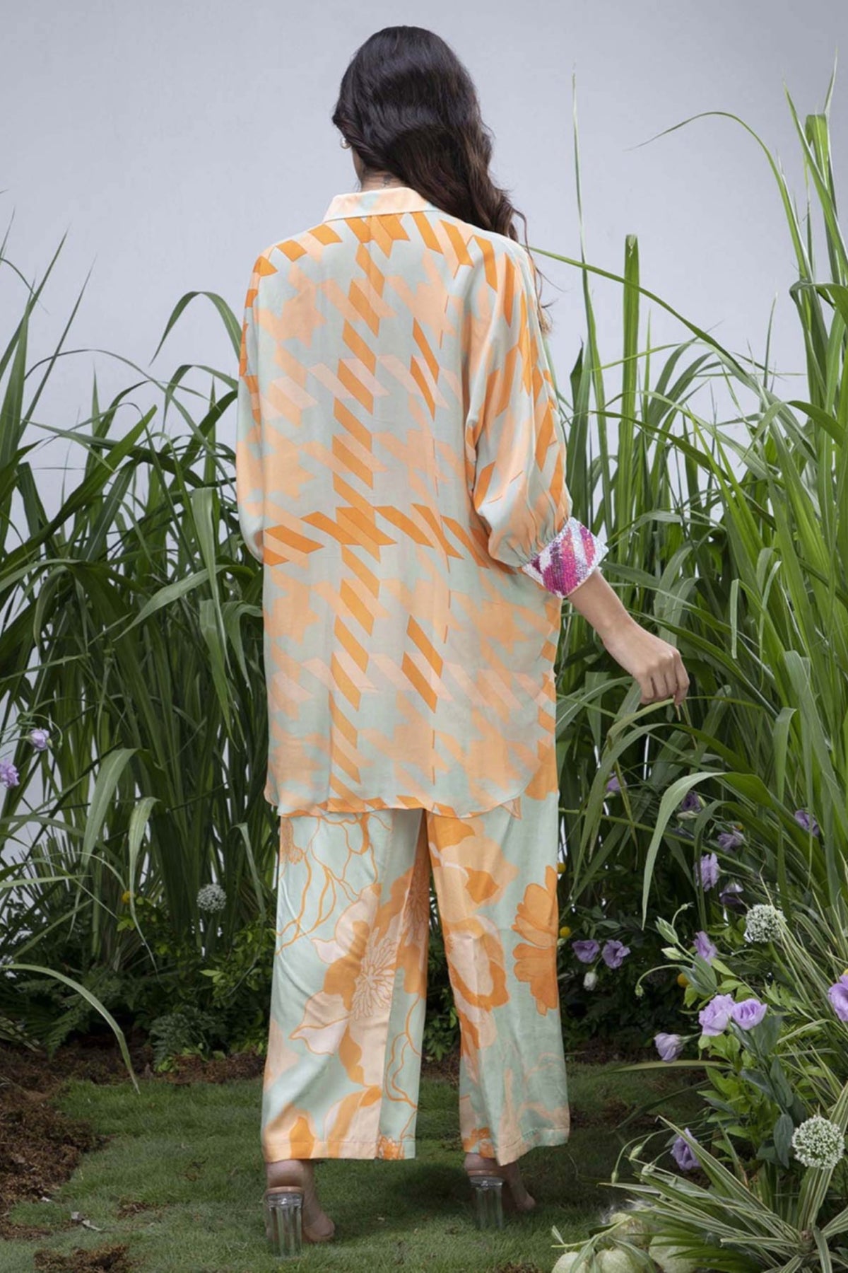 Green Asymmetric Wildflower Shirt Set