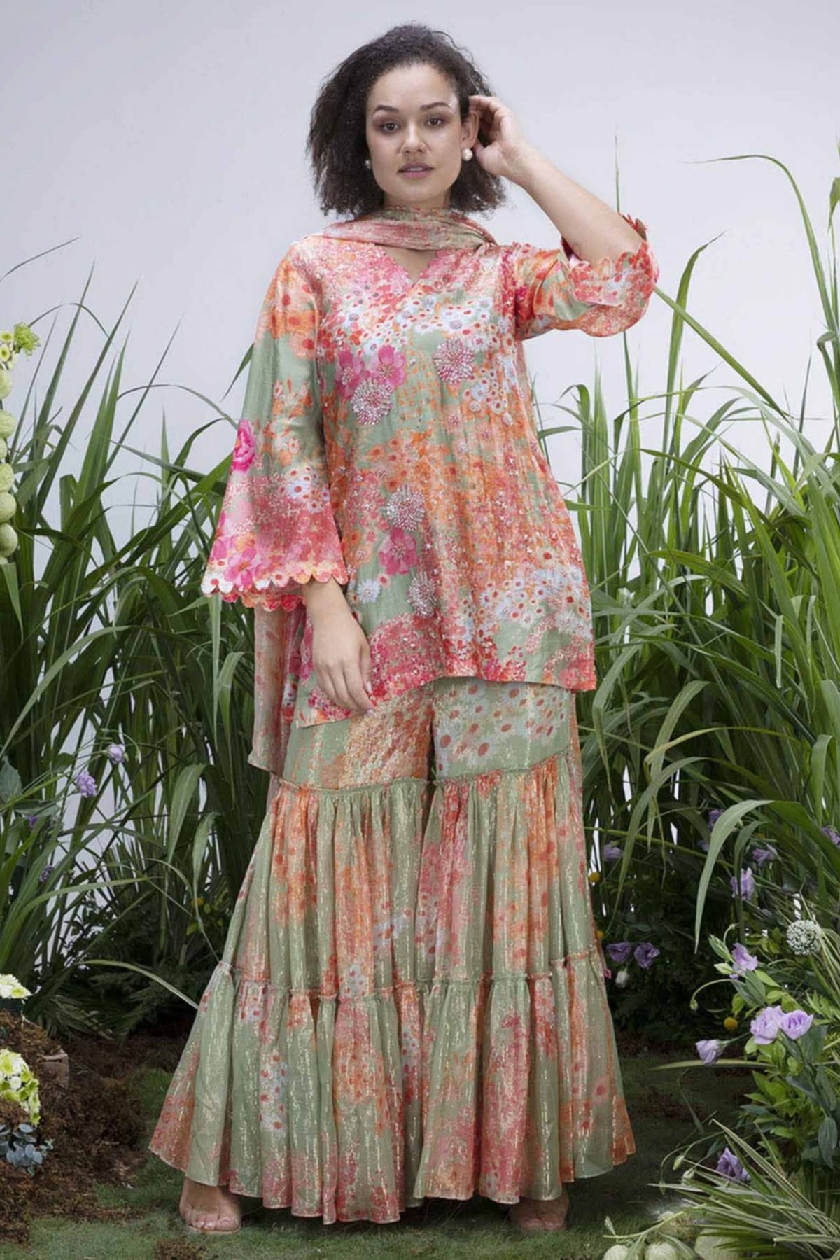 Green Wildflower Scalloped Neck Sharara