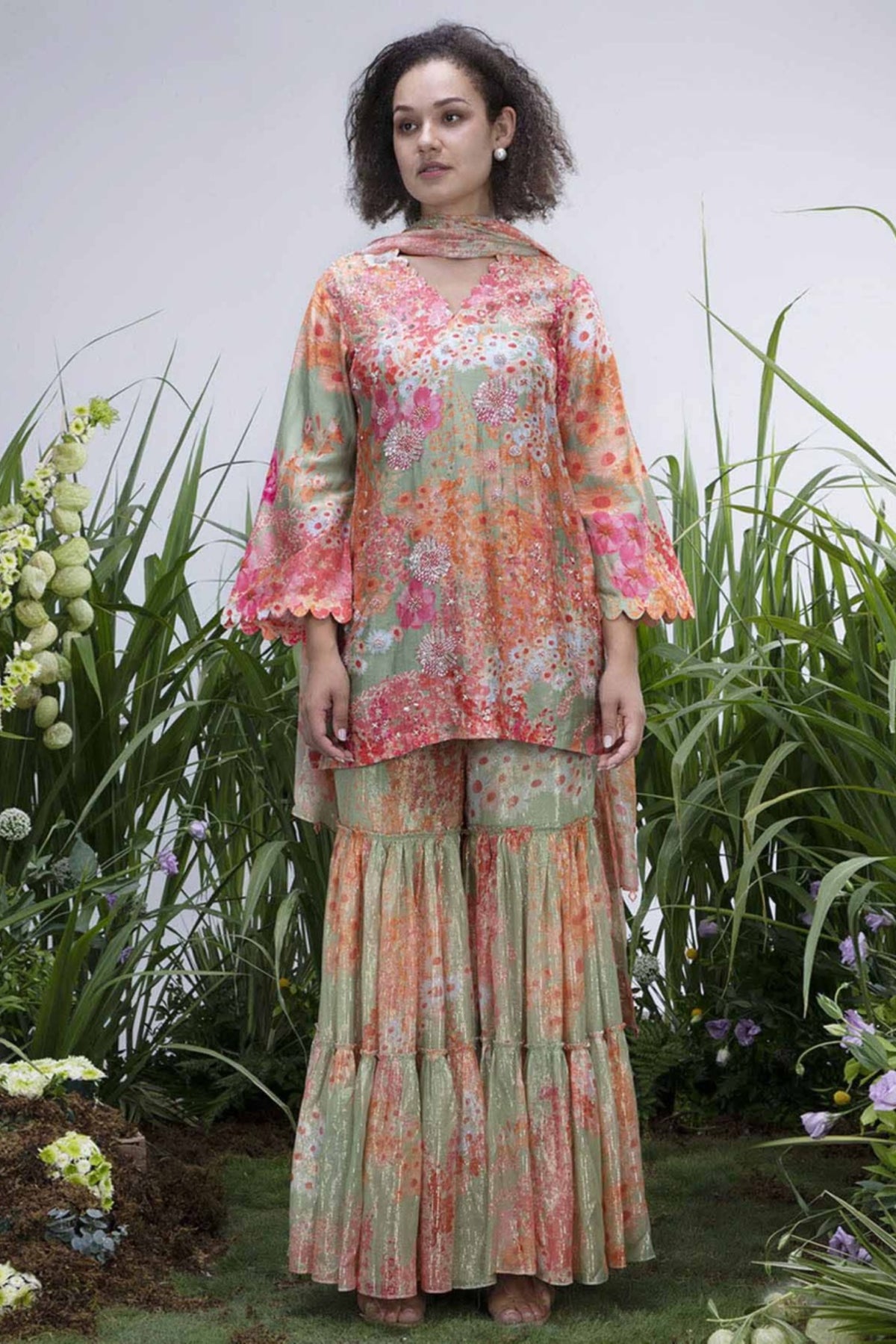 Green Wildflower Scalloped Neck Sharara