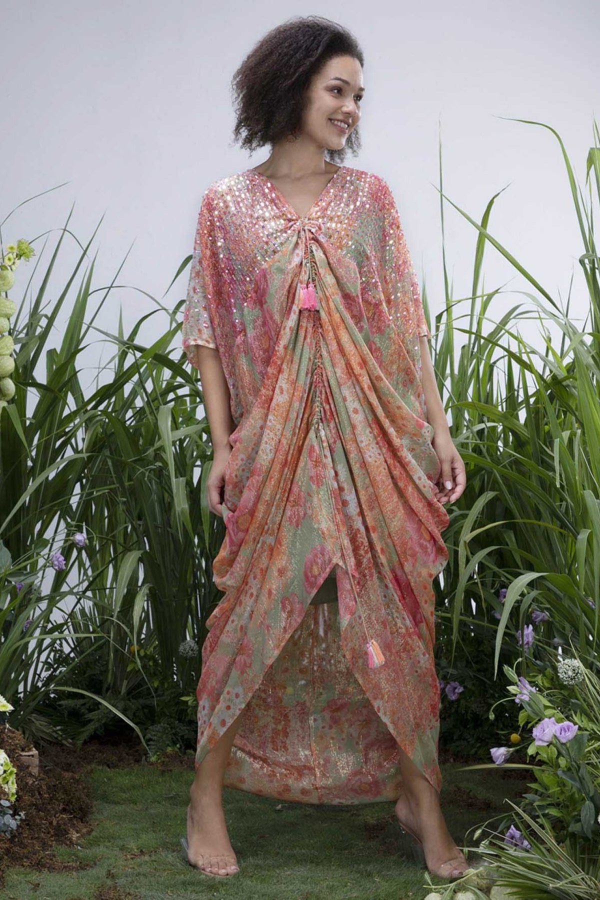 Green Shimmer Wildflower Cowl Kaftan