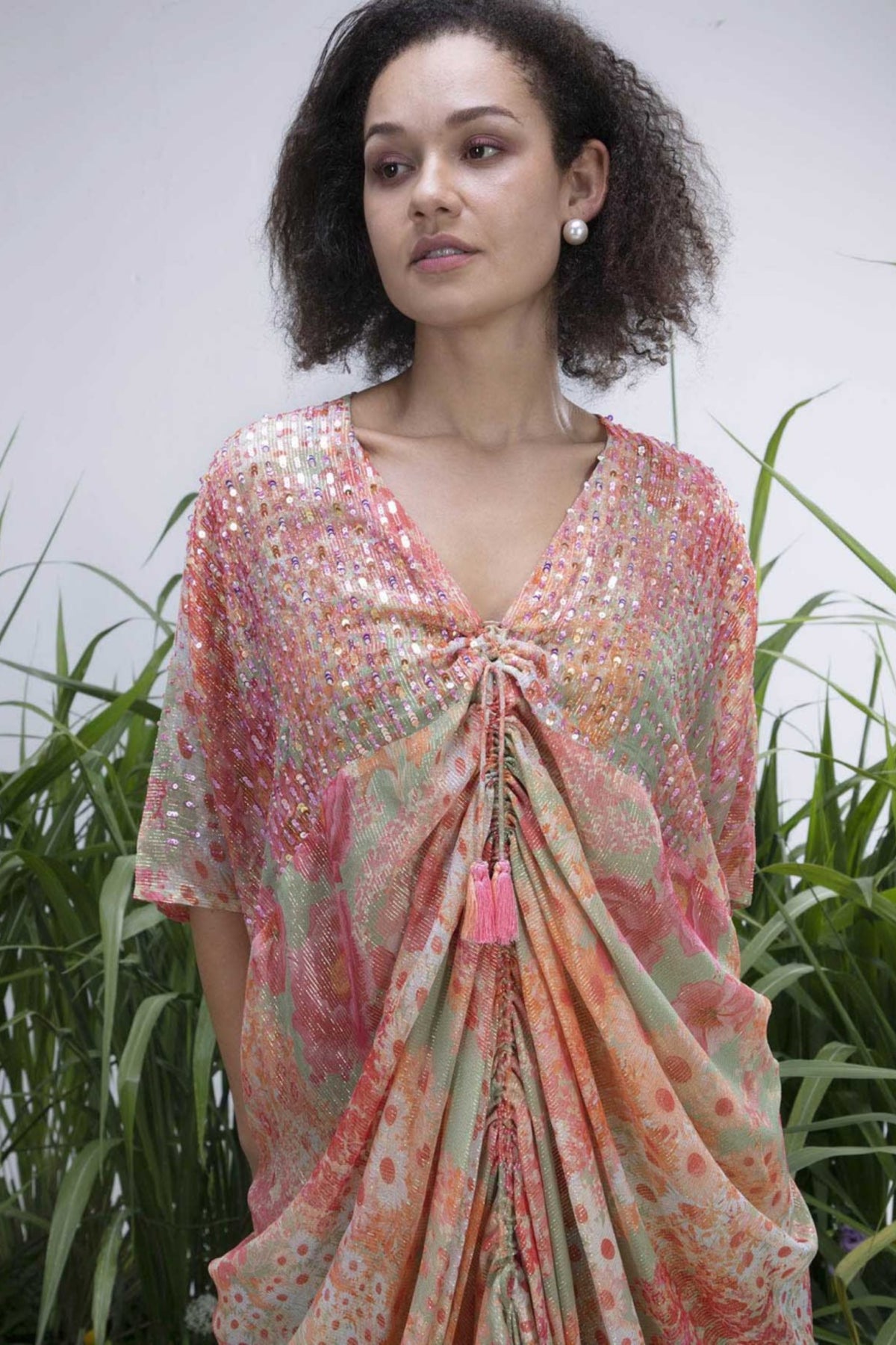 Green Shimmer Wildflower Cowl Kaftan