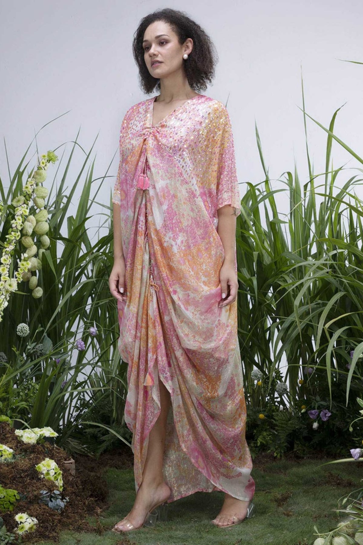 White Shimmer Wildflower Cowl Kaftan