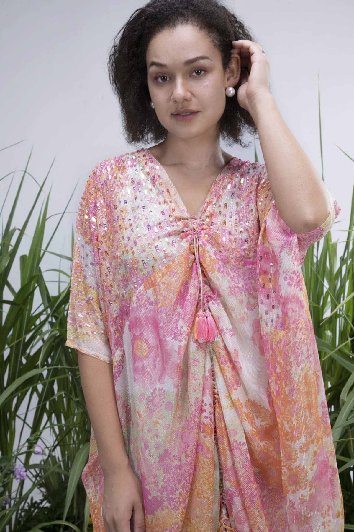 White Shimmer Wildflower Cowl Kaftan