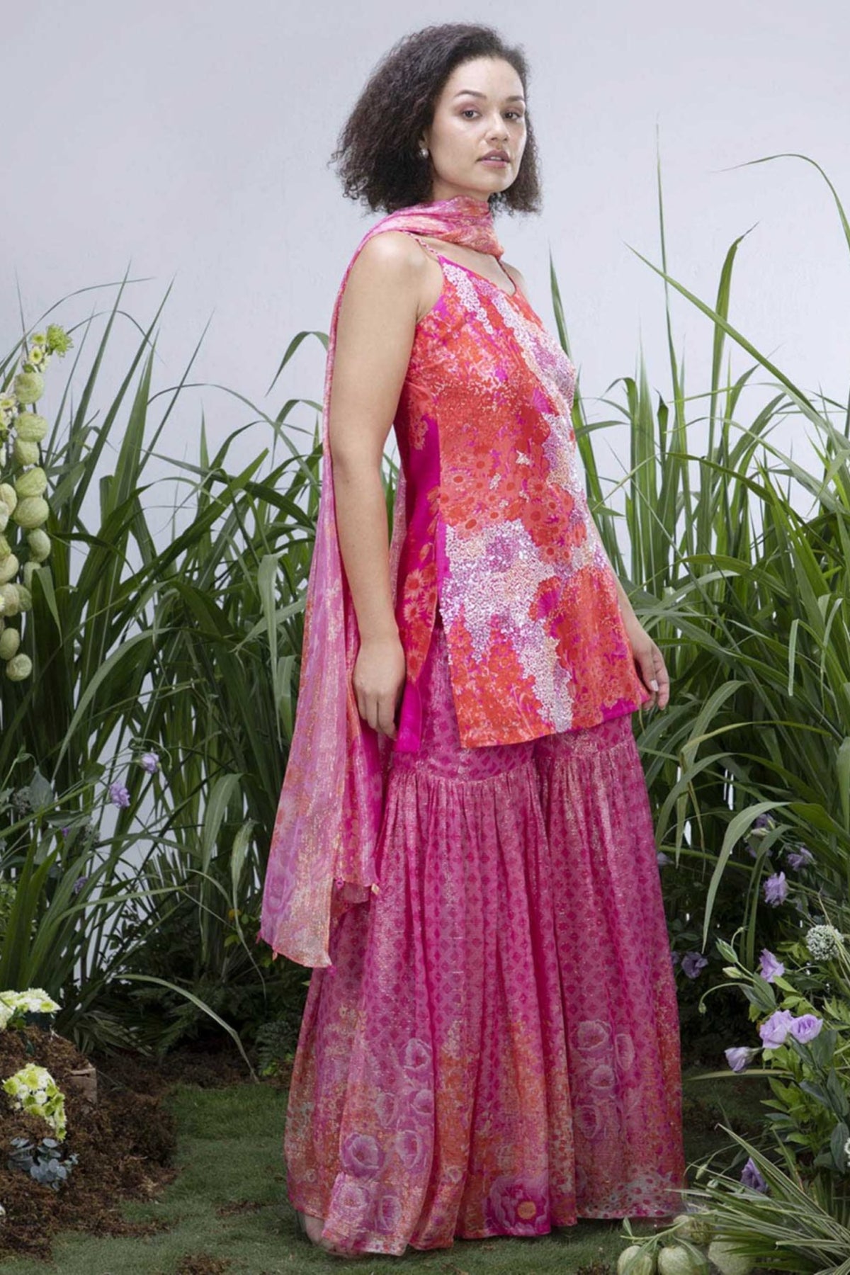 Pink Wildflower Spagetti Sharara Set
