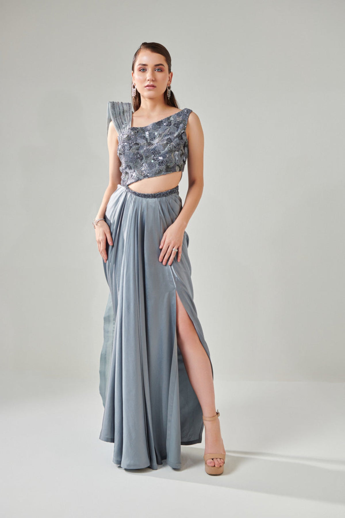 Ash Grey Drape Saree Gown