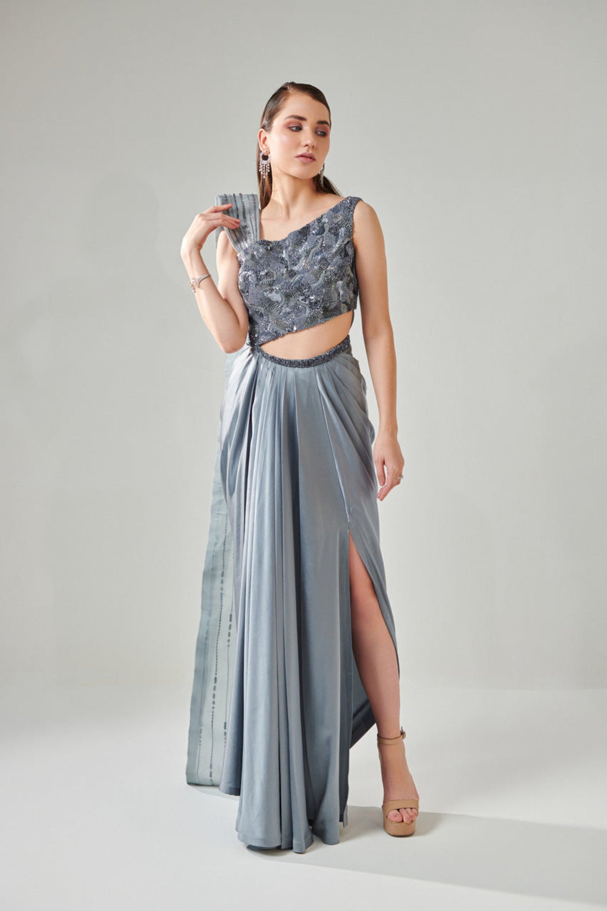 Ash Grey Drape Saree Gown
