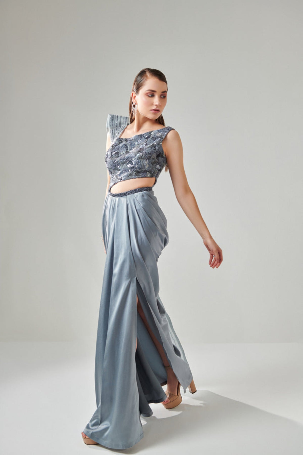 Ash Grey Drape Saree Gown