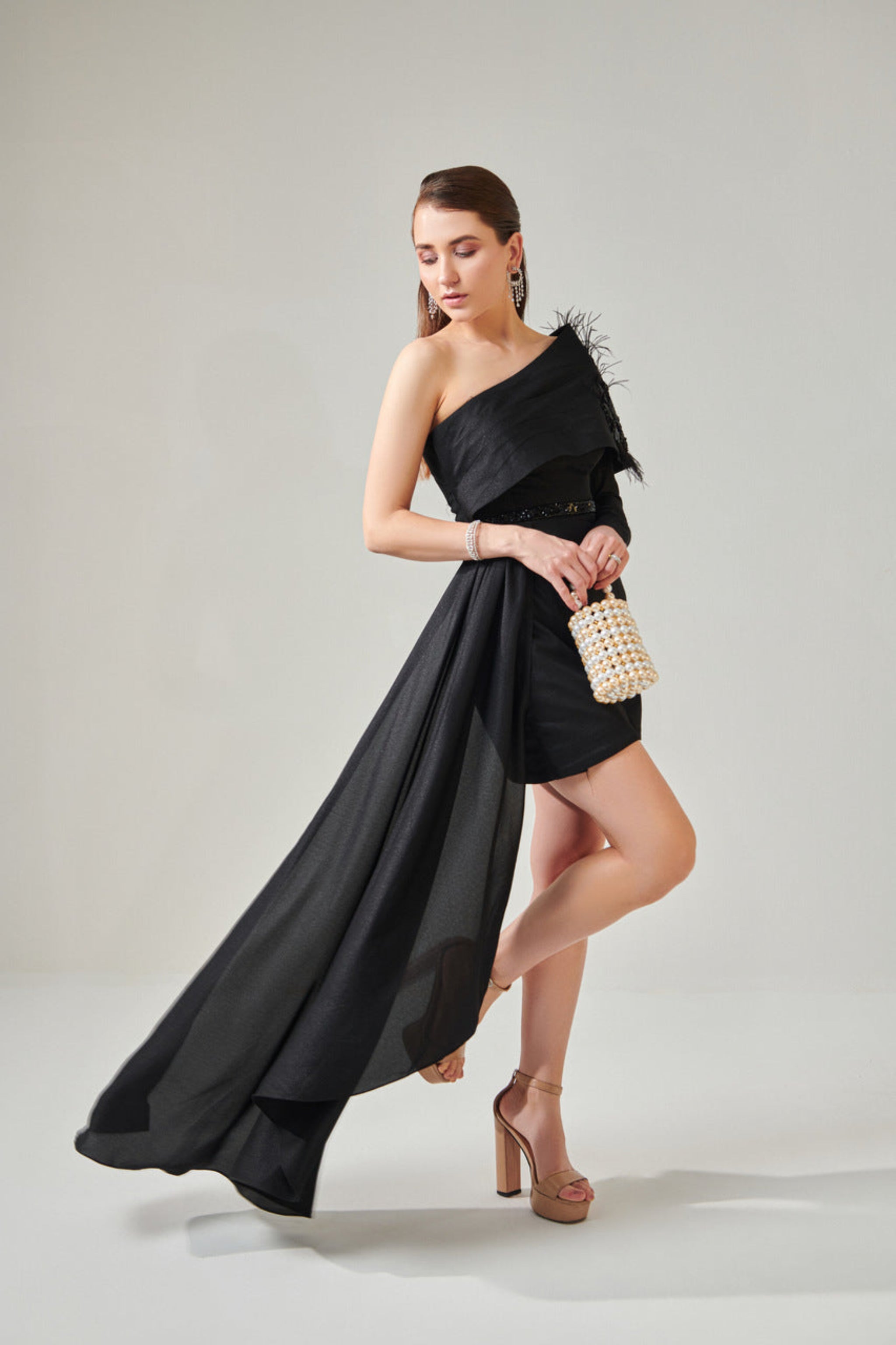 One Knot One - Black One Shoulder Power Drape Dress With Side Train And Detachable Belt XS One Knot One - Black One Shoulder Power Drape Dress With Side Train And Detachable Belt XS