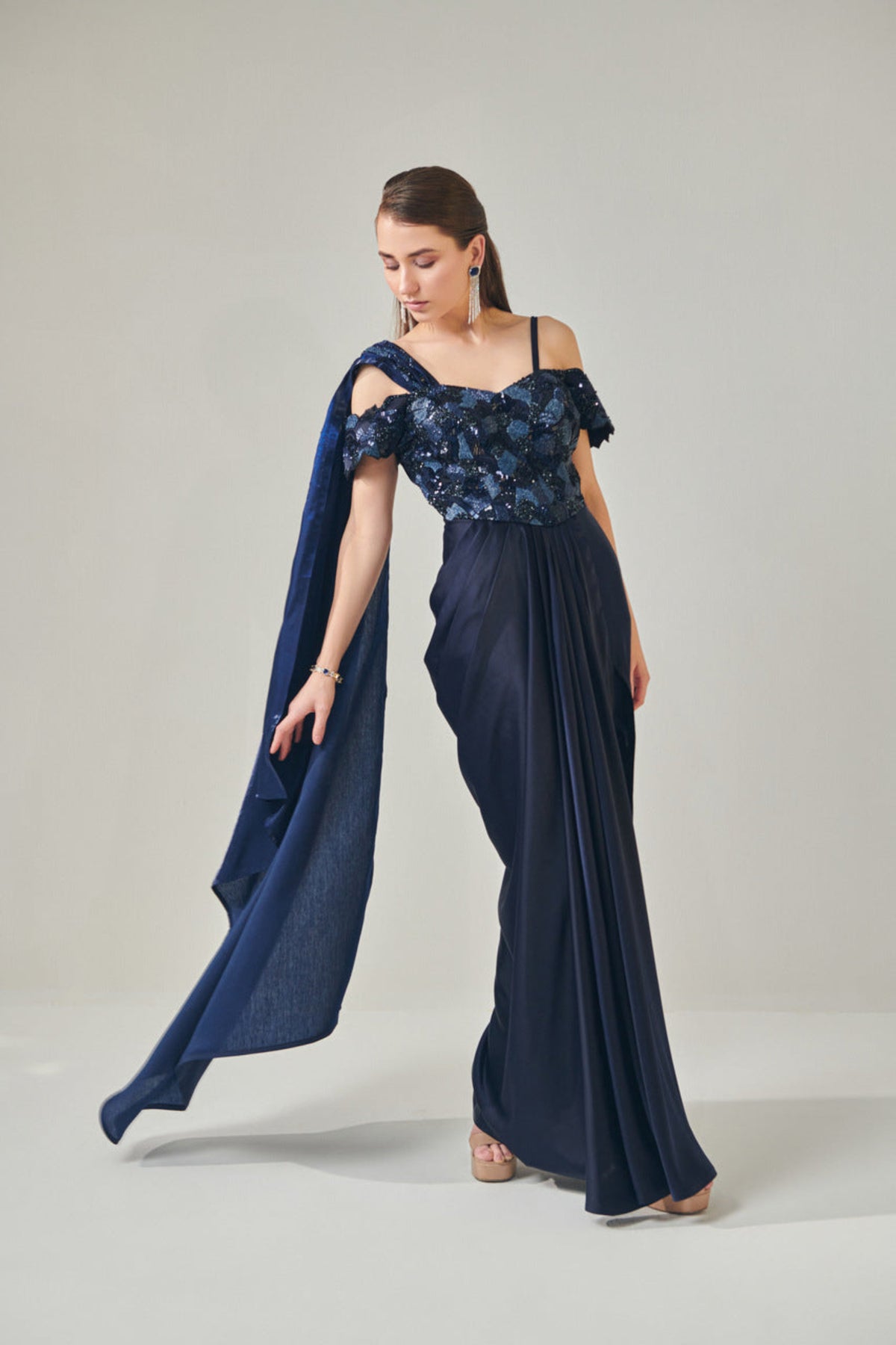 Midnight Blue Off- Shoulder Drape Gown