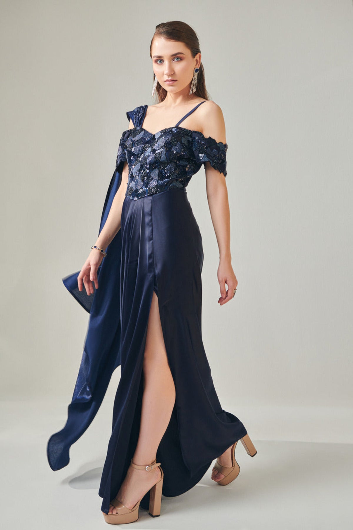 Midnight Blue Off- Shoulder Drape Gown