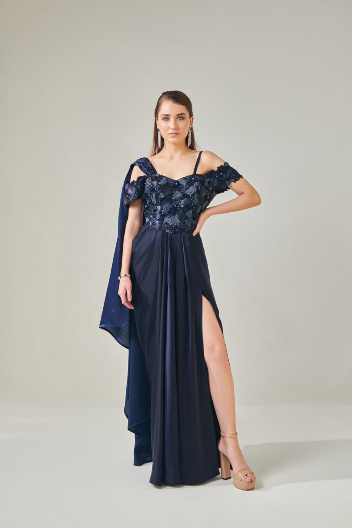 Midnight Blue Off- Shoulder Drape Gown