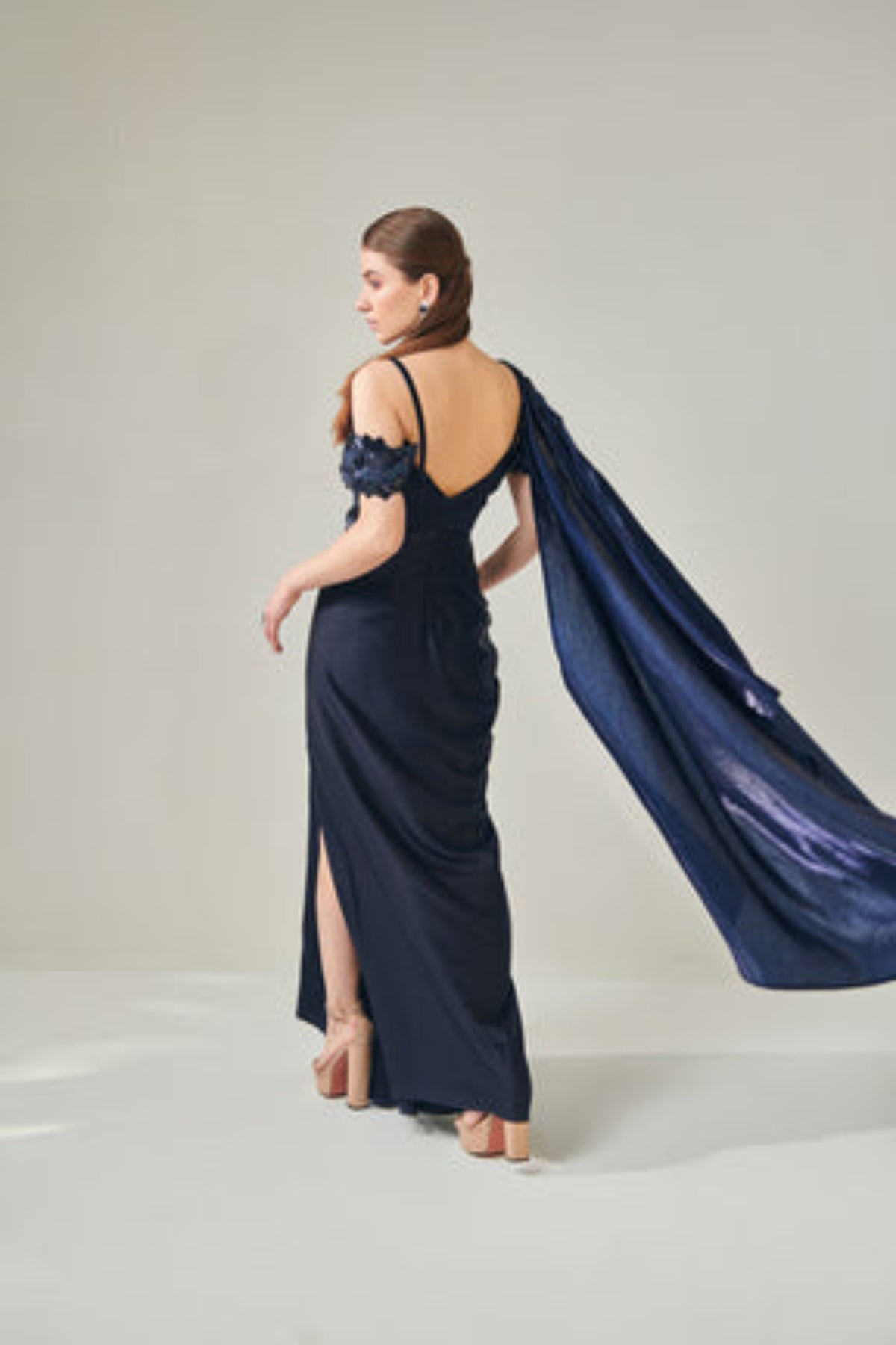 Midnight Blue Off- Shoulder Drape Gown