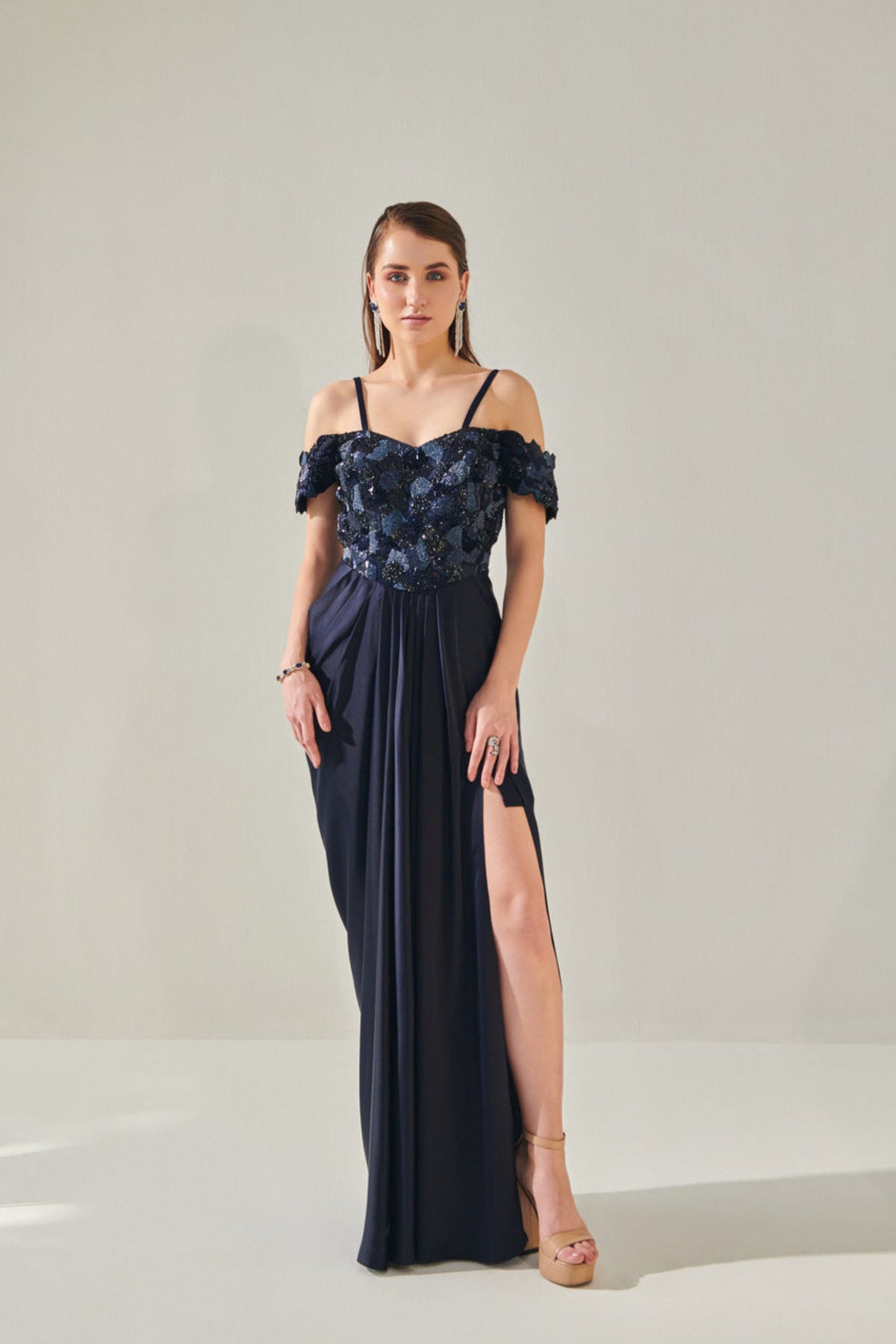 Midnight Blue Off- Shoulder Drape Gown