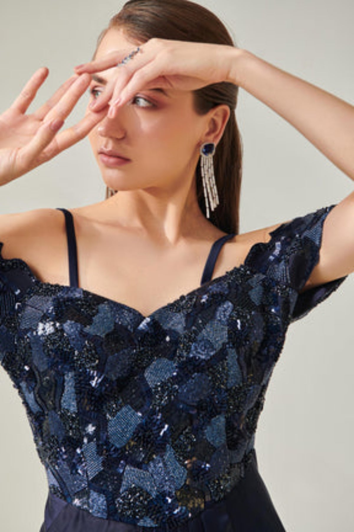 Midnight Blue Off- Shoulder Drape Gown