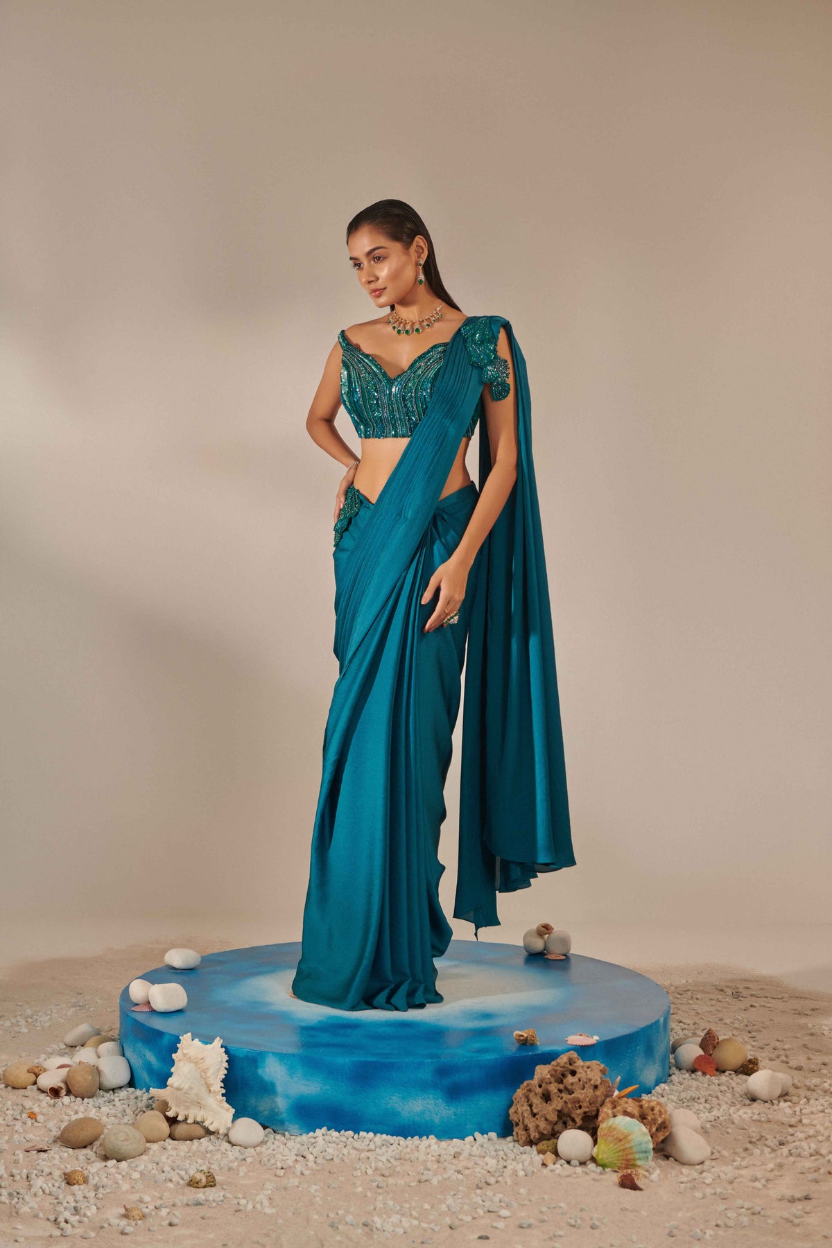 Teal Off Shoulder Darpe Saree Set