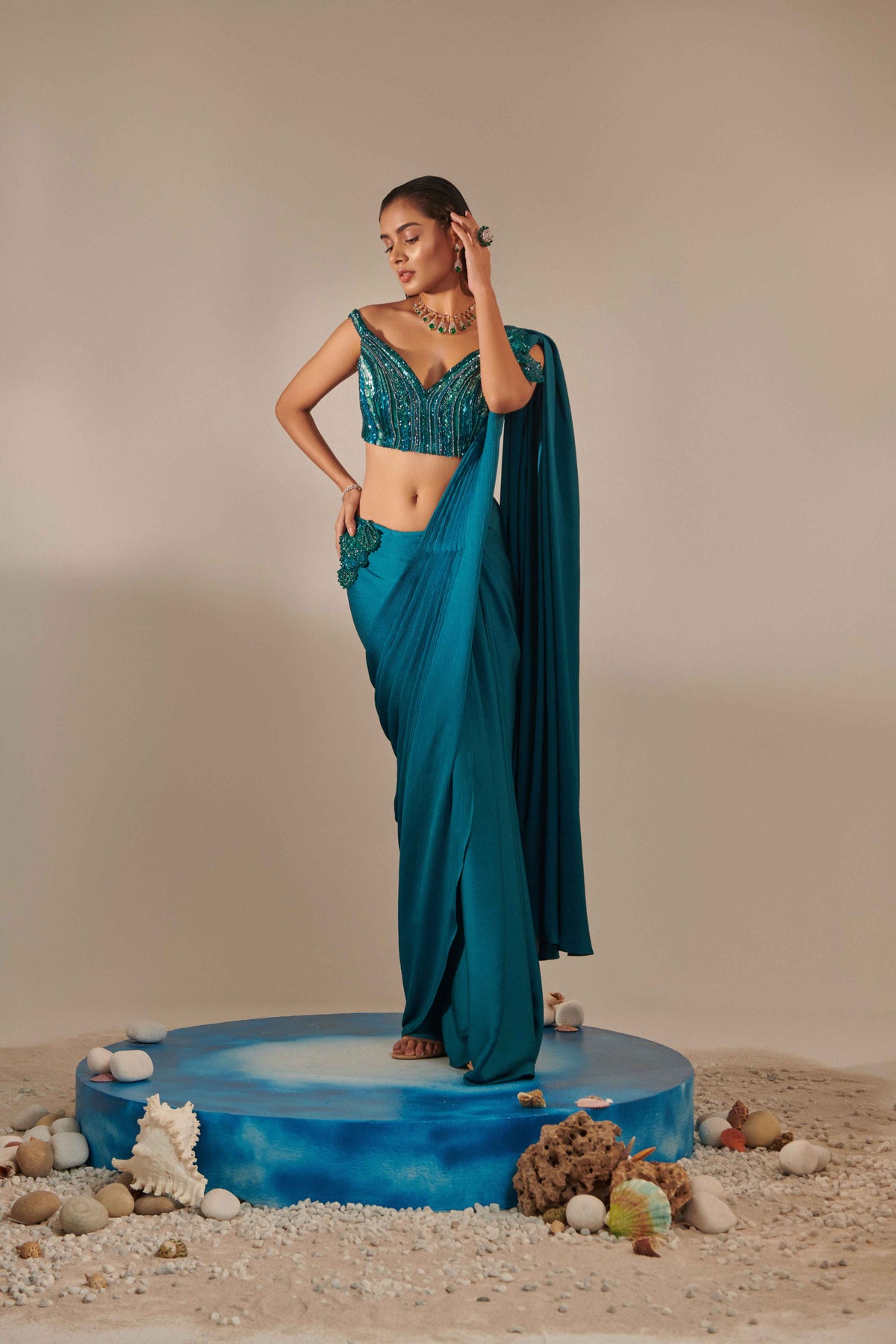 Teal Off Shoulder Darpe Saree Set