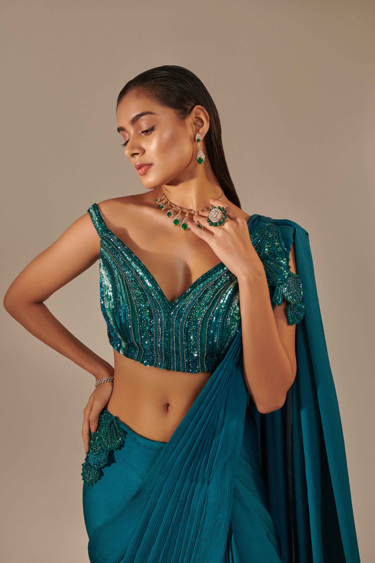 Teal Off Shoulder Darpe Saree Set