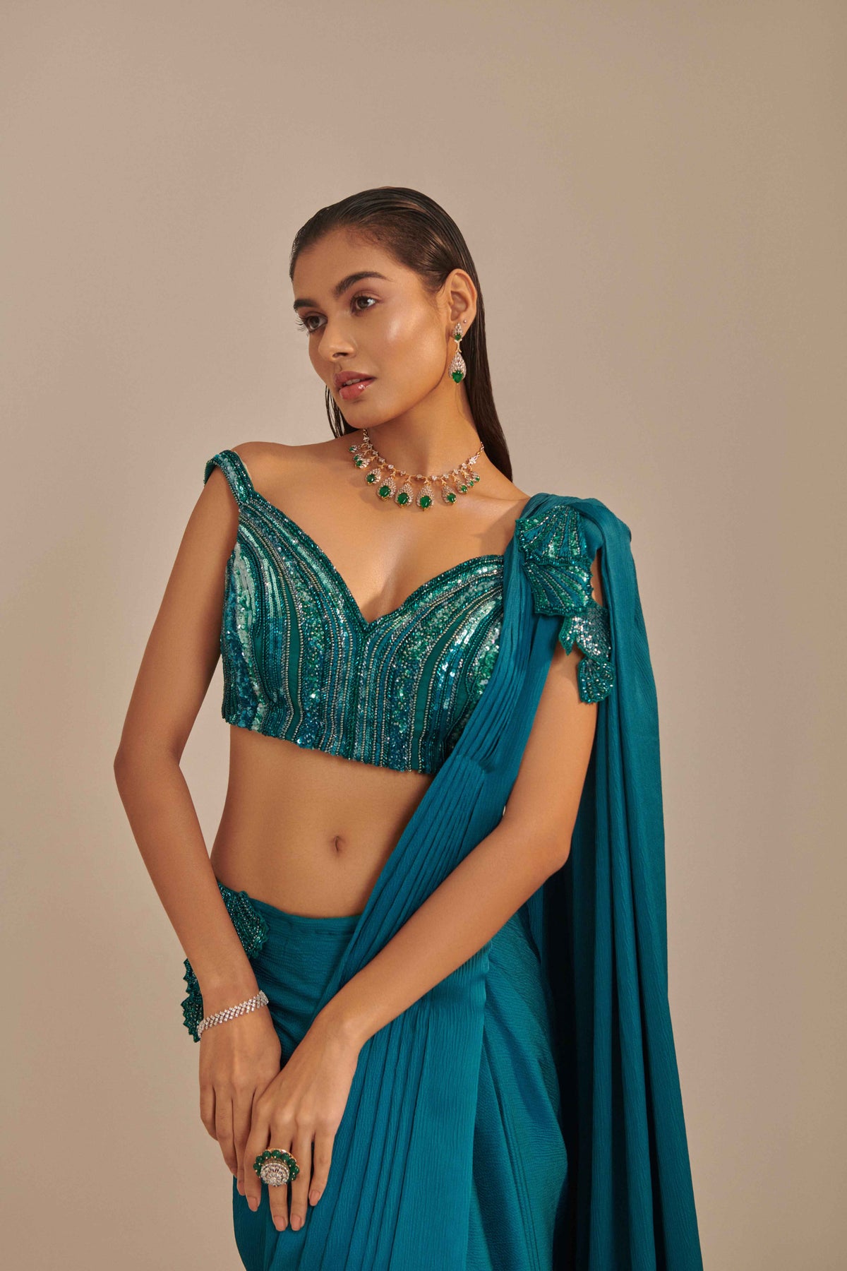 Teal Off Shoulder Darpe Saree Set