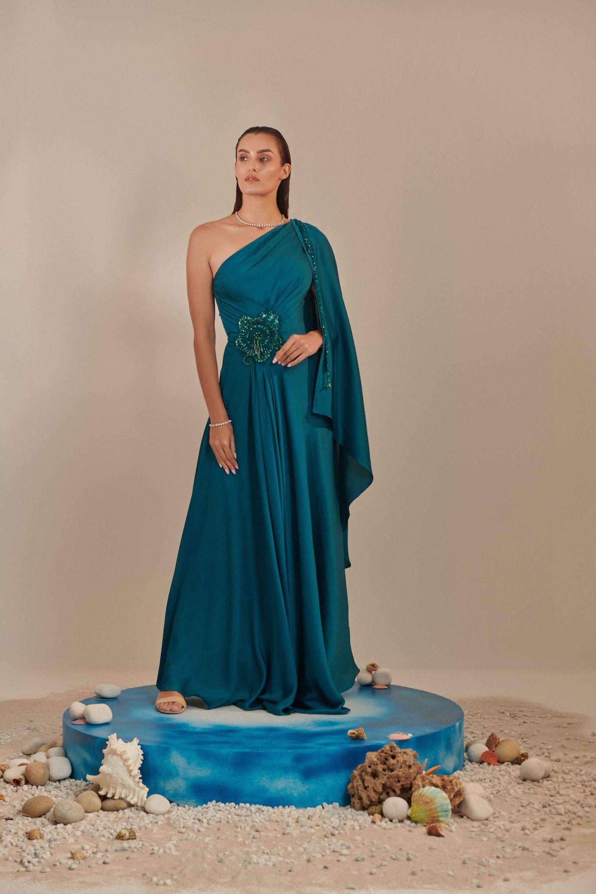 Teal One Shoulder Drape Gown