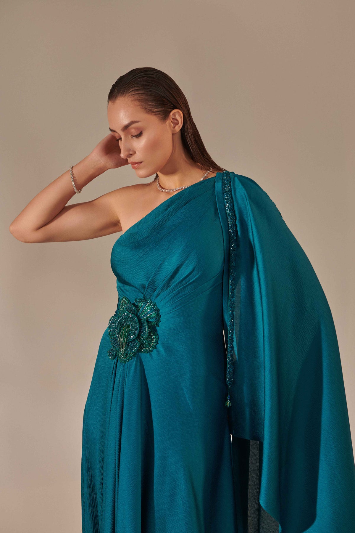 Teal One Shoulder Drape Gown