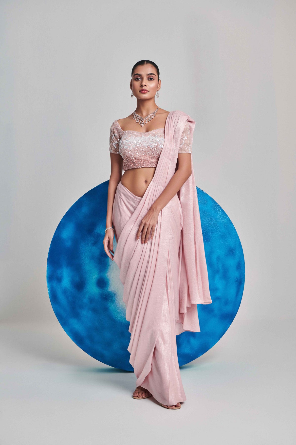 Soft Pink Ombre Drape Saree Set