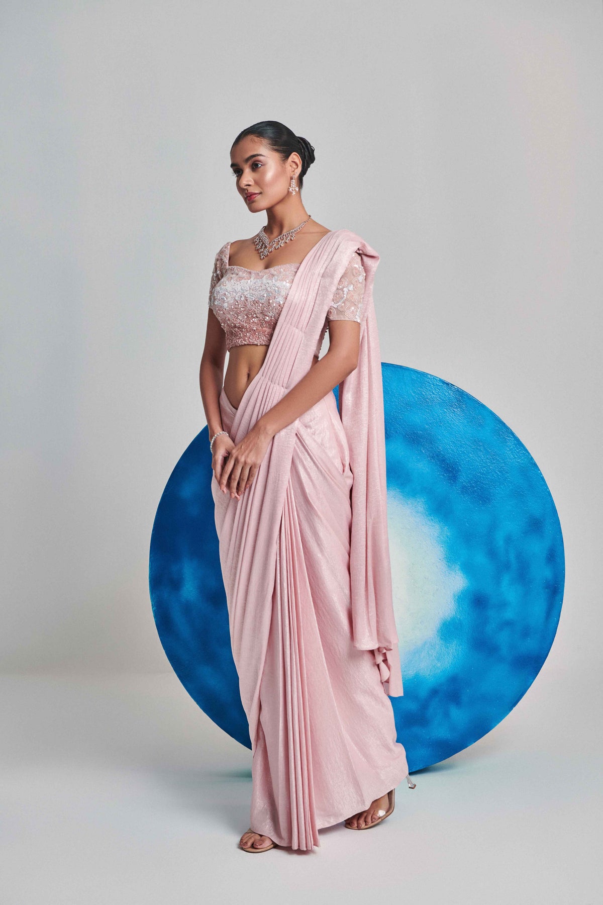Soft Pink Ombre Drape Saree Set
