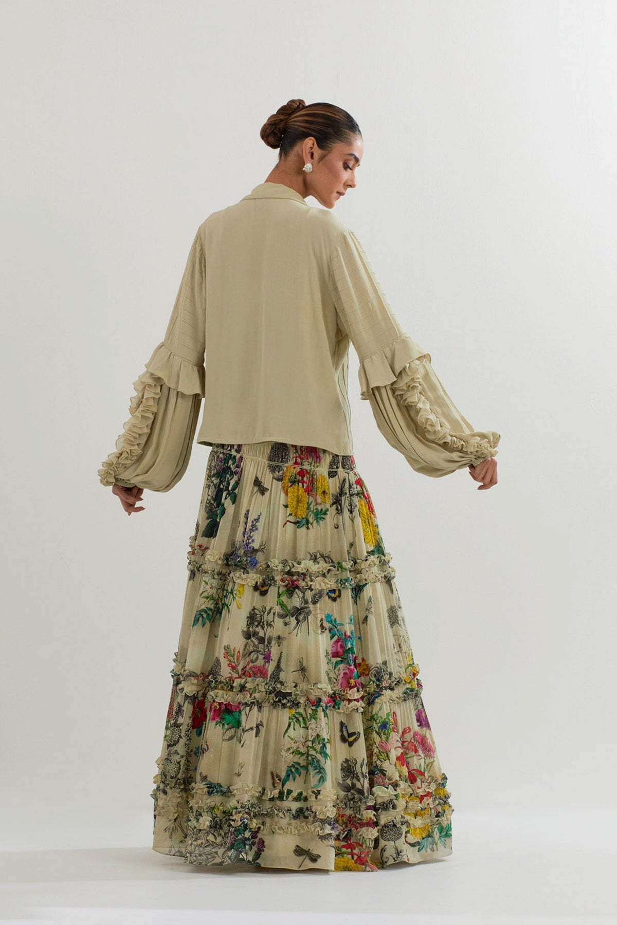 Botanical Printed Skirt With Ruffle Shirt