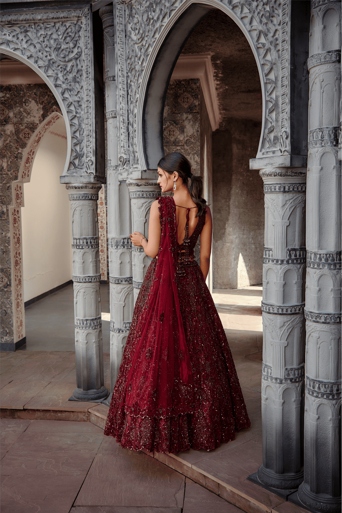 Deep Burgundy Tulle Lehenga  Set