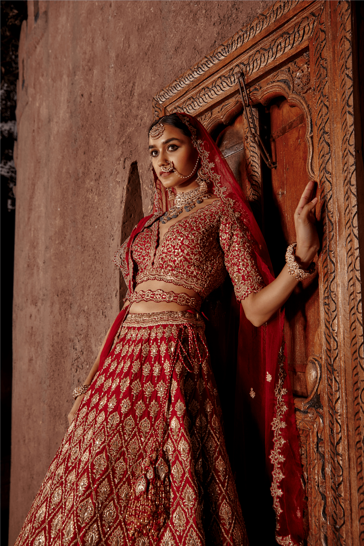 Red Raw Silk Lehenga Set Leather Applique
