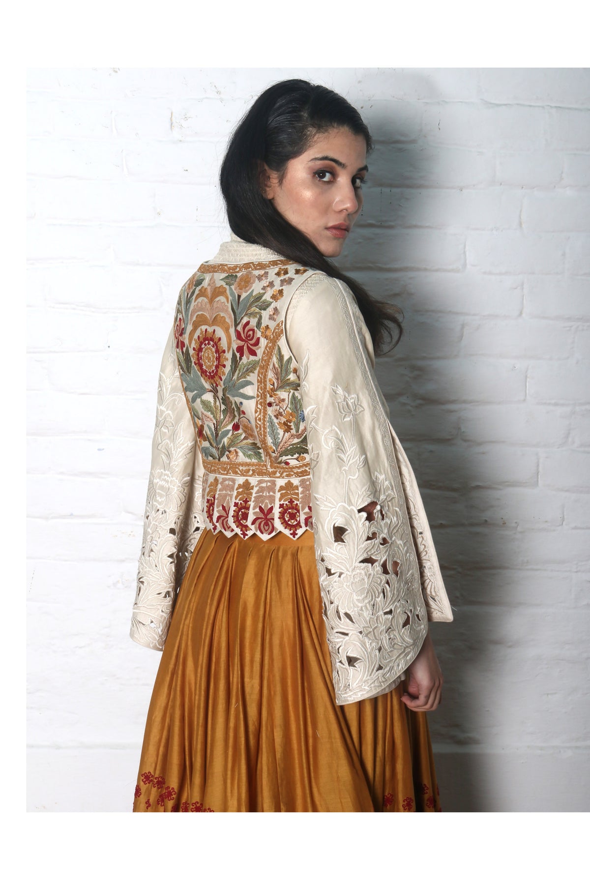 Ivory chanderi smocked cutwork top