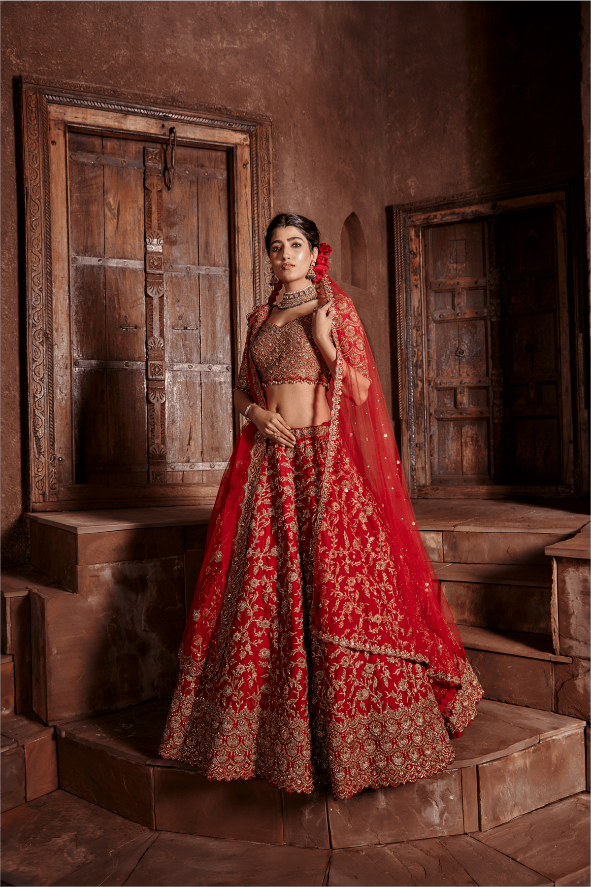 Red Raw Silk Lehenga Set