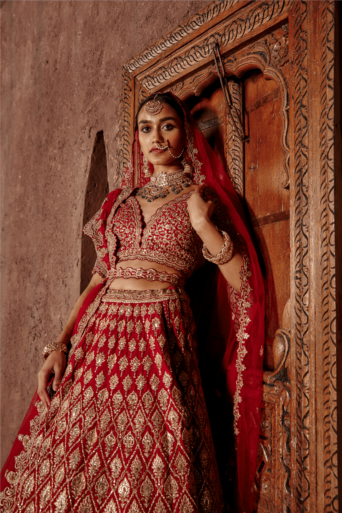 Red Raw Silk Lehenga Set Leather Applique